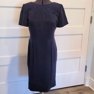 Talbots navy silk sheath dress with embroidery at neck size 6.